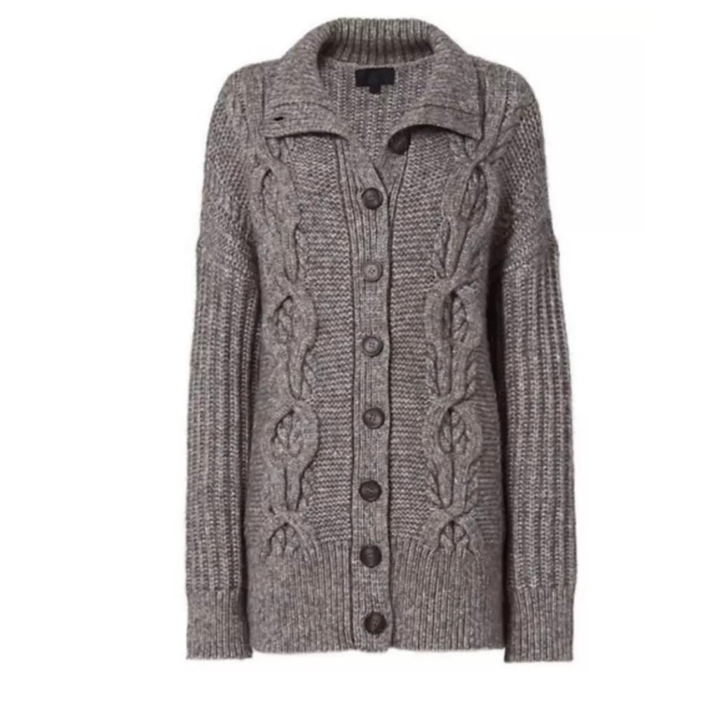 Intermix Gray Brown Carlyle Oversized Cable Knit Wool Cardigan Sweater Size S